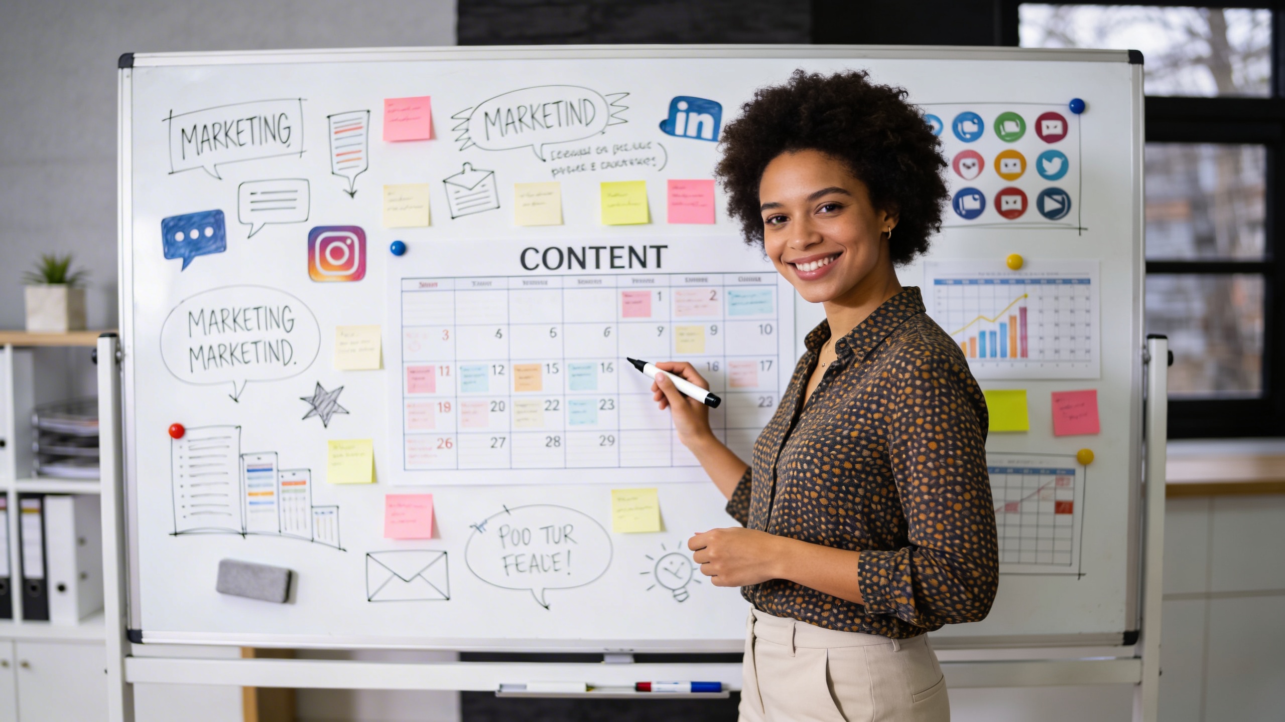Un entrepreneur dynamique et souriant, debout devant un tableau blanc rempli d'idées de marketing visuel, de croquis de posts et d'icônes de réseaux sociaux. Il tient un marqueur et pointe vers un calendrier de contenu bien organisé, symbolisant la planification stratégique et l'optimisation. L'ambiance est lumineuse et inspirante, style photo éditorial magazine.